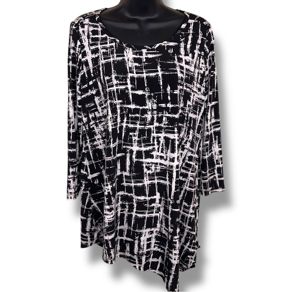 Small Rafaella Black White Print Blouse Top Stretch Asymmetrical Abstract Print - Picture 1 of 12